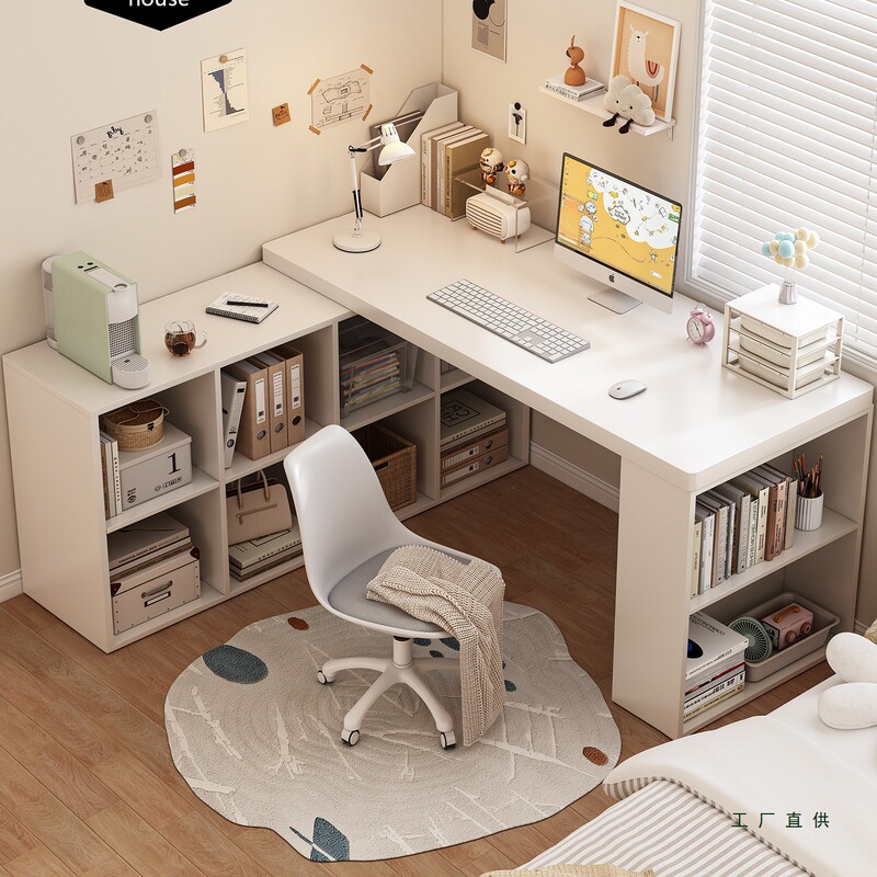 Solid Wood Corner Desk for Students, Home Use, Bedroom Study, Corner Computer Vanity Table, L-Shaped Bookcase, Bookshelf Integrated Table