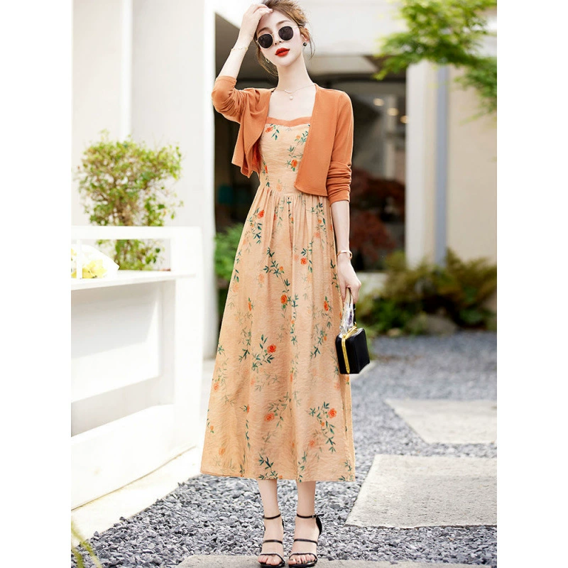Женское платье-комбинация с цветочным принтом, лето 2025, новый ретро-французский стиль, костюм из двух предметов: юбка и кардиган