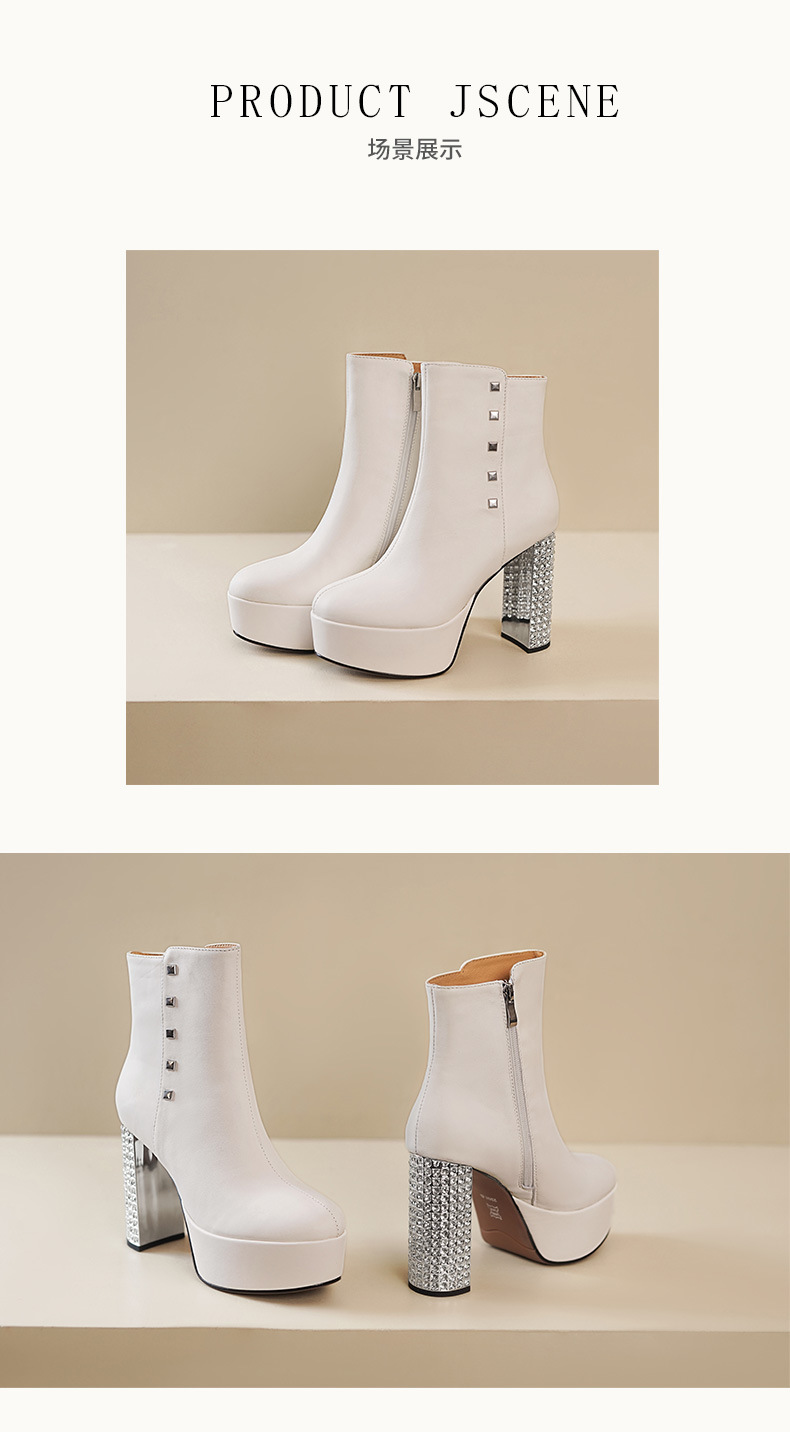 Boot nữ cổ thấp gót siêu cao 11 cm đế platform da bò đầu, đính đá pha lê — Lớp lót nhung đen chi tiết 7