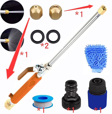 gun garden water gun car wash — Car cleaning tools - set-of-eight-orange-water-gun-2-nozzles-1-black-connector-2-washers-1-tape-1-blue-quick-connector-gloves