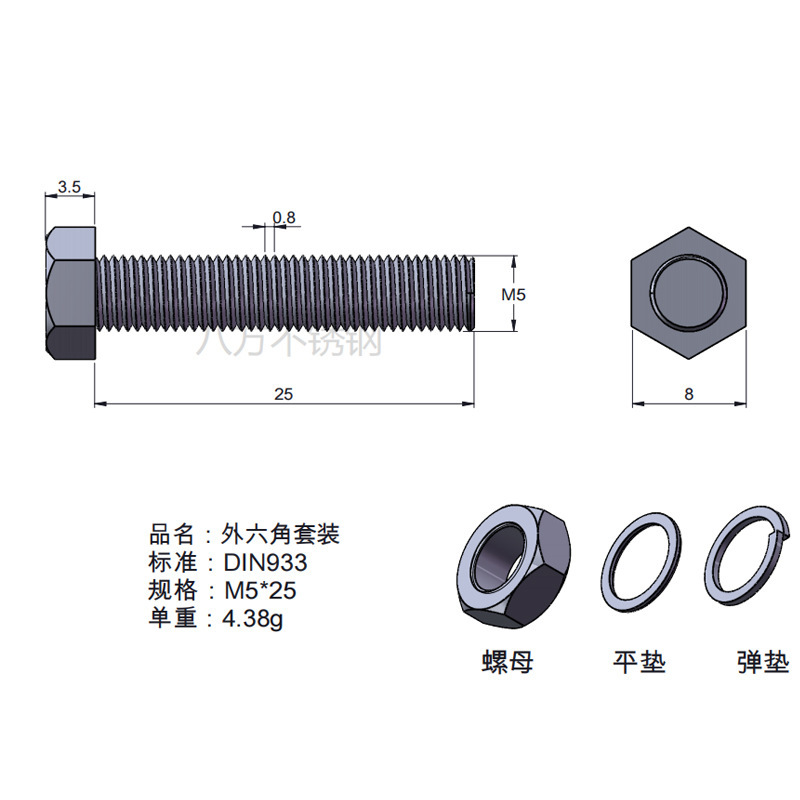 Tuerca de tornillo 304 acero inoxidable hexagonal conjunto de alta resistencia con almohadilla perno de tornillo antideslizante M3M4M5M6M12