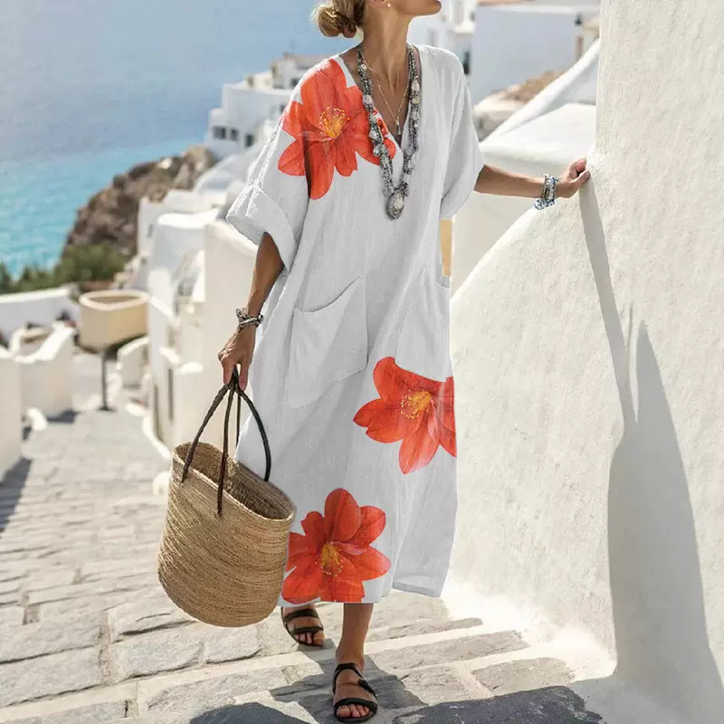 欧美跨境外贸女装优雅舒适休闲度假宽松口袋印花V领连衣裙中长裙