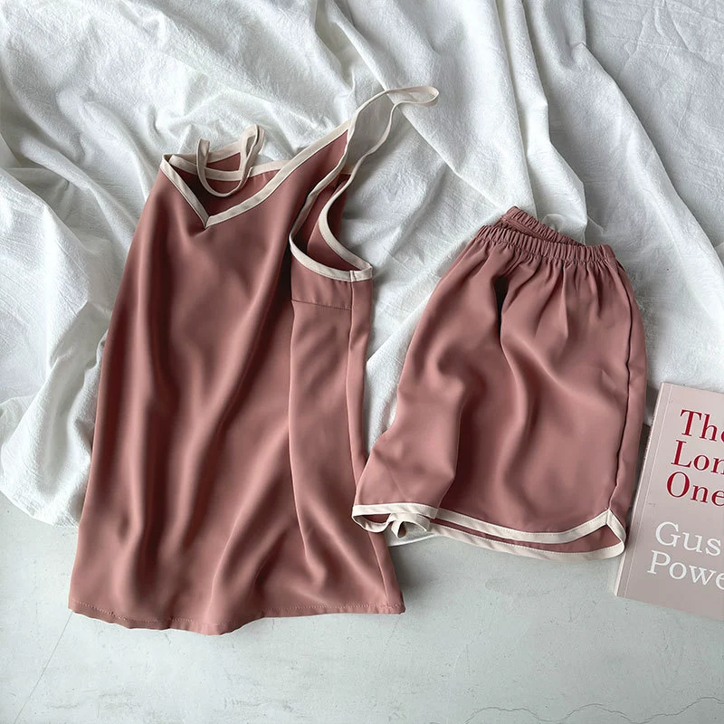 Летний пижамный комплект для женщин,camisole с V-воротом и шортами, подкладка чашек, свободный комфортный крой