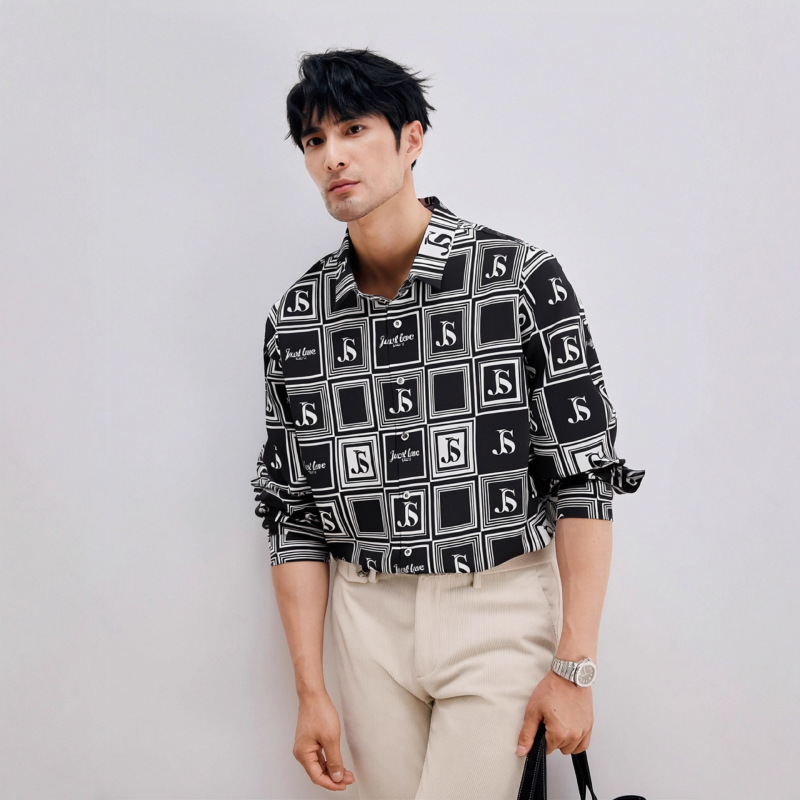 [Special Offer] New Autumn Black and White Plaid Shirt for Men, Fashionable Casual Trendy Long Sleeve Turn-Down Collar Jacket