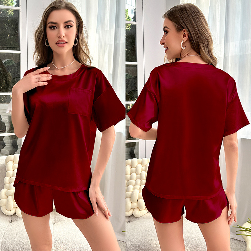 Yaoting Amazon pijamas de seda de hielo de las mujeres de verano de color sólido pantalones cortos de manga corta de las mujeres casuales ropa de casa traje 3157