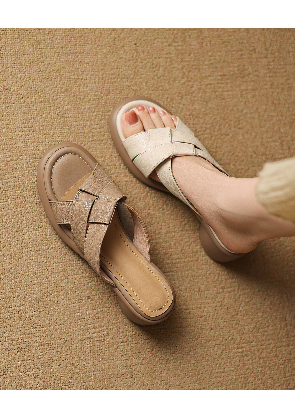 Sandal nữ hở mũi dệt da dê gót cao 7 cm — màu trắng ngà chi tiết 10
