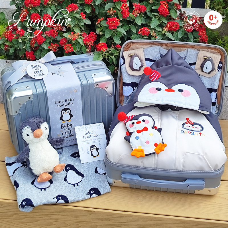 Baby Gift Box Little Penguin Autumn and Winter Style Fleece-Lined Thickened Full-Month Hundred-Day Newborn Baby Clothing Set Gift Set