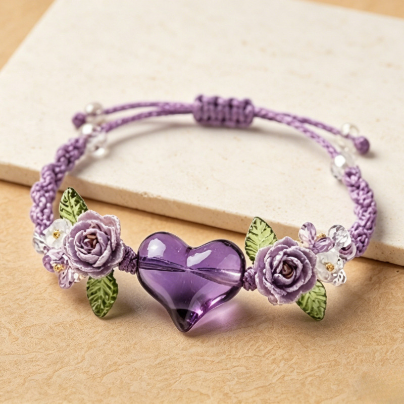 Hand-woven synthetic amethyst adjustable bracelet, niche design shell flower hand rope, vintage style adjustable