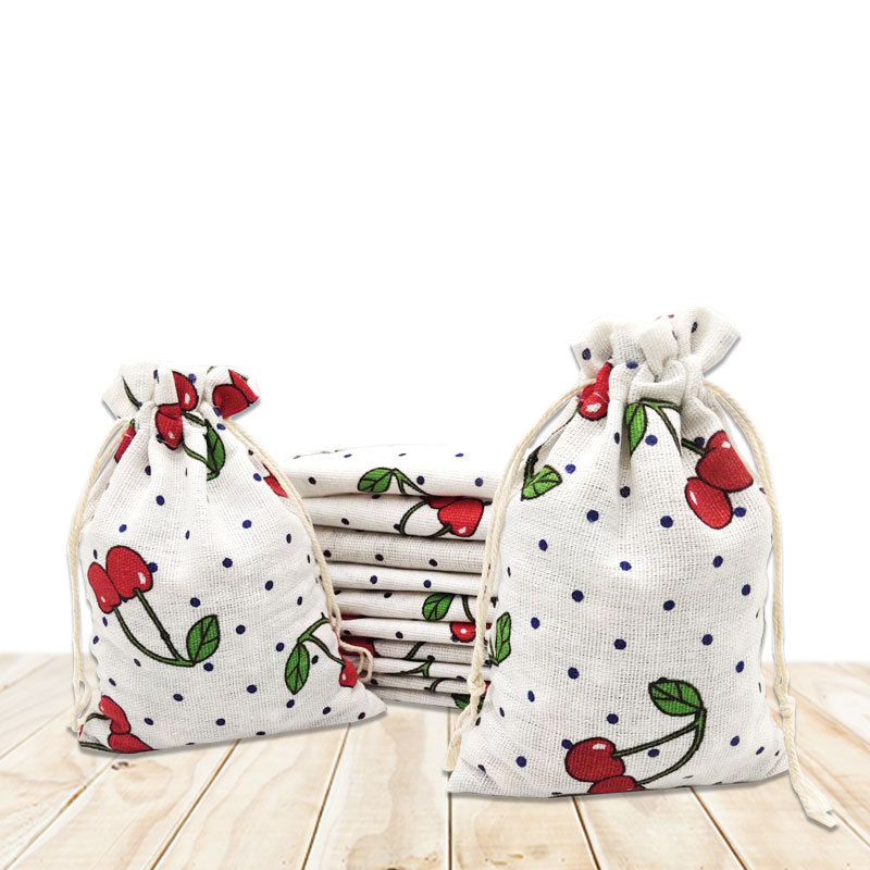 批發櫻桃印花棉布袋抽繩束口收納禮品袋草藥包裝袋學生文具整理袋