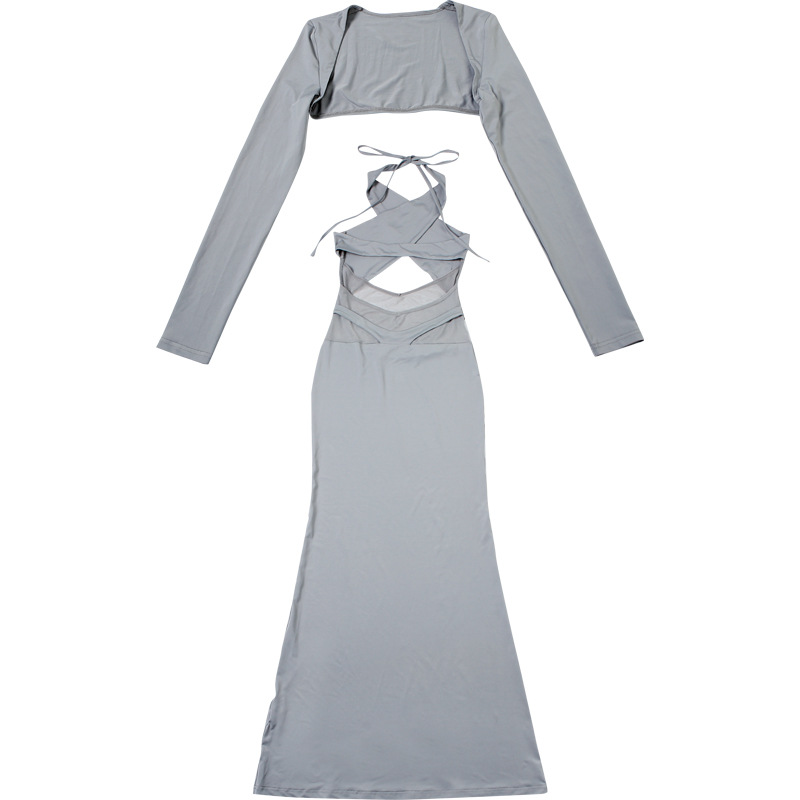 Conjunto de vestido de primavera para mujer, blusa de manga larga ajustada de color liso con cuello halter y cordones.