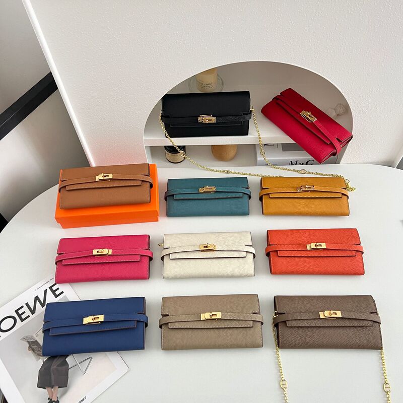Kelly Lychee Pattern Wallet for Women Woc European and American Style First-Layer Cowhide Purse Hand-Held Long Wallet Shoulder Crossbody Chain Bag