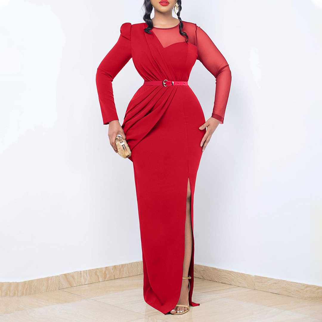 Damen Abendkleid Mit Langarm Und Mesh-einsatz Elegantes Festkleid_voghion.com