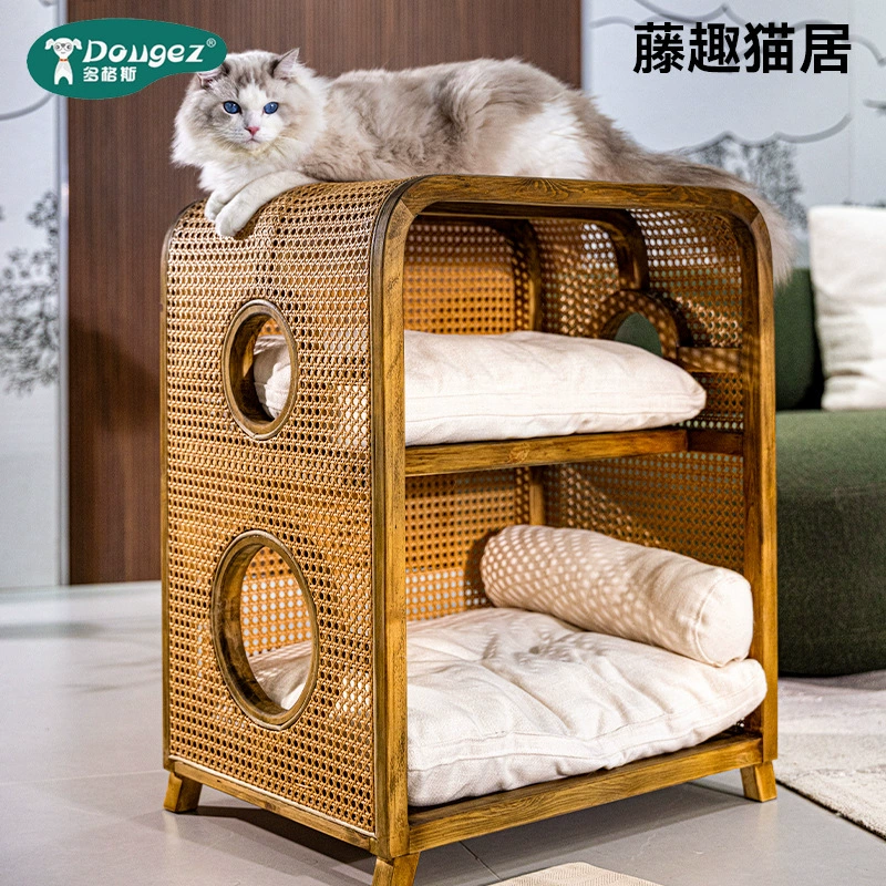 Кошачье гнездо из массива ротанга, новая мебель в китайском стиле ваби-саби, ретро-мебель, кошачье гнездо, прикроватная тумбочка, полузакрытая вилла, кошачий домик «два в одном»