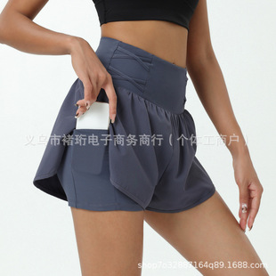 Lu Same Style Women's Yoga High Waist Portable Flap Pocket Pants Sports Shorts
