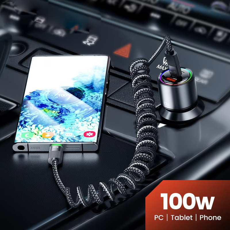 100Wtype C Cable Spring Retractable Car Mobile Phone Charger USB Suitable for Apple Samsung Mobile Phones