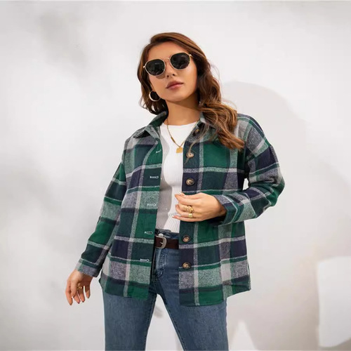 Ins Internet celebrity autumn street temperament European and American long-sleeved lapel loose women's plaid shirt medium long coat
