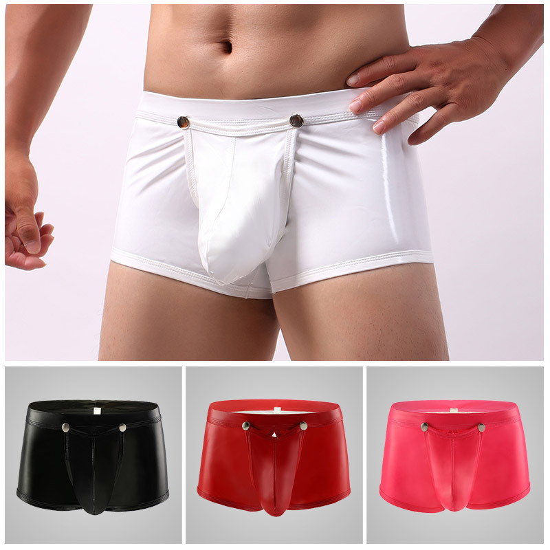 [Cross-border Hot Goods] Men's Imitation Leather Low Waist Button Opening Sexy Performance Suit Patent Leather Underwear Boxers