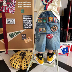 2024夏新款日系男童褲子夏徽章復古兒童牛仔褲男女童裝七分中褲潮