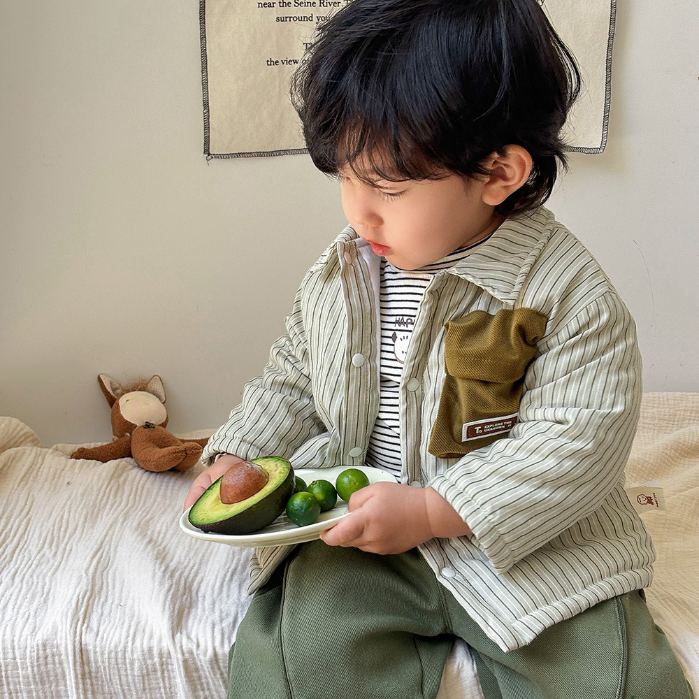 Ropa para niños coreanos estilo otoño e invierno abrigo acolchado a rayas para bebés más pantalones casuales de terciopelo traje de bebé de 1-3 años