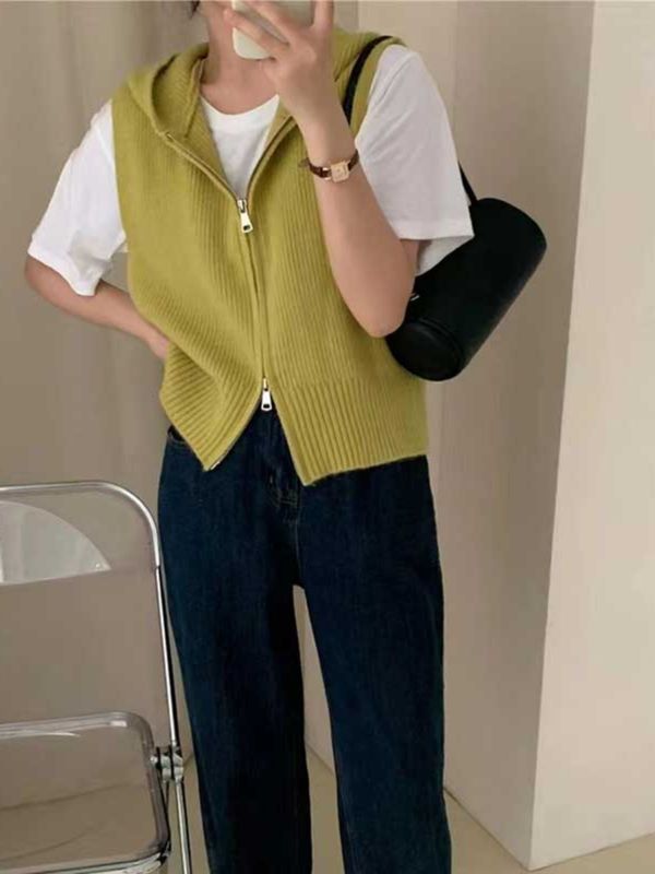 针织开衫马甲女2025早秋季新款宽松无袖休闲百搭拉链连帽毛衣外套|undefined