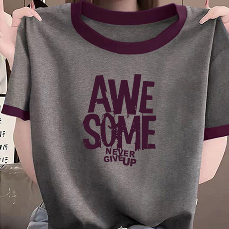 【95% Cotton, 5% Spandex】Unique Design Letter Print Round Neck Short Sleeve Stylish Daily Wear Youthful Color-Blocking T-Shirt