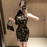 WDS4274欧美2024跨境外贸性感无袖丝绒烫金修身开衩旗袍连衣裙女