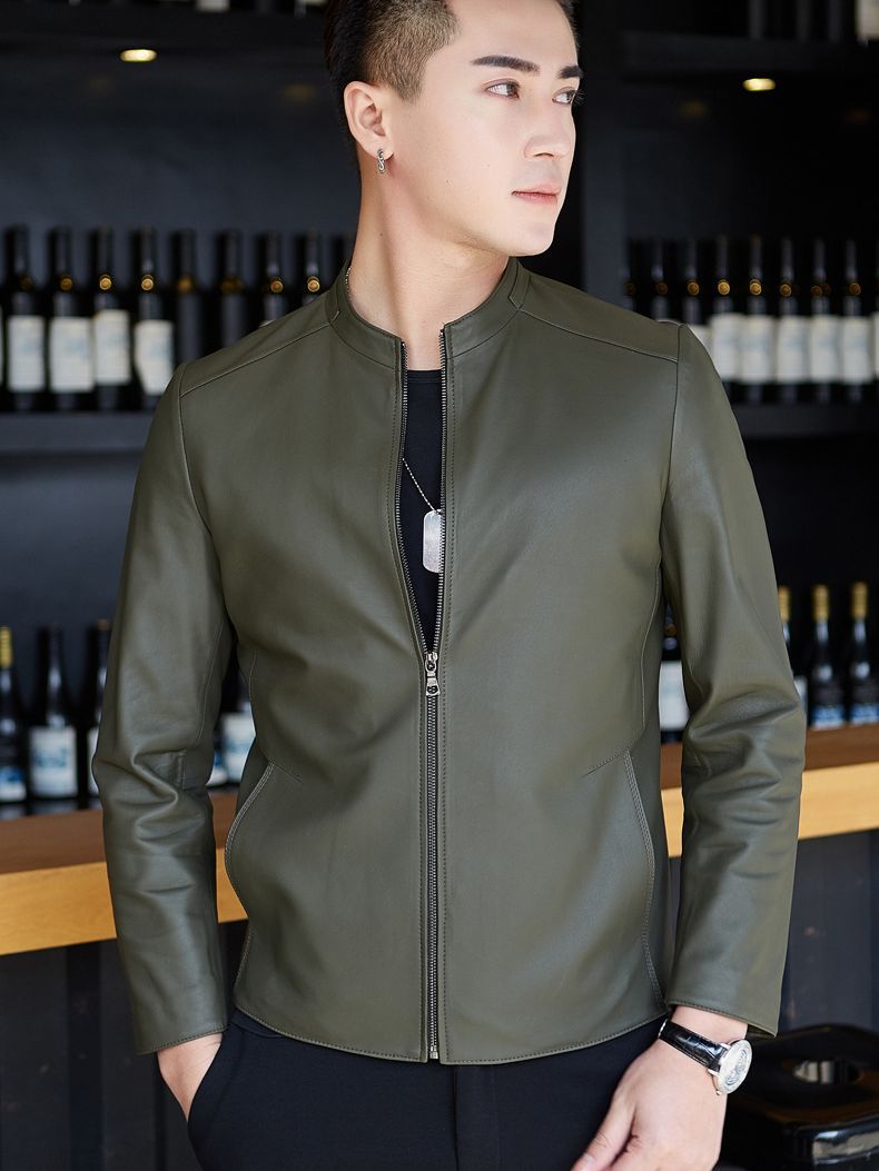 New Haining Leather Men's Vertical Collar Sheepskin Genuine Leather Leather Leather Coat Mat Simple Casual Full Leather