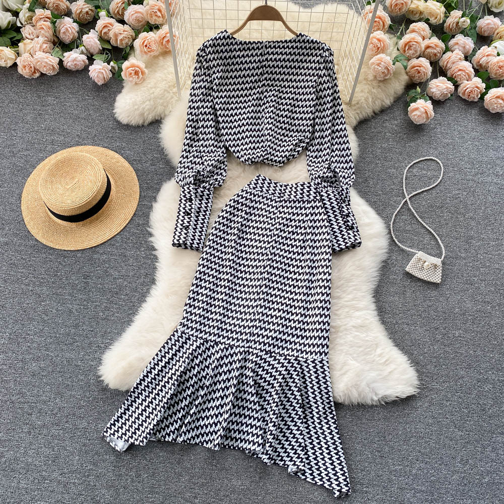 Women's Clothing Celebrity women's clothing suit retro corrugated puff sleeve top versatile fishtail skirt feeling two piece suit_voghion.com