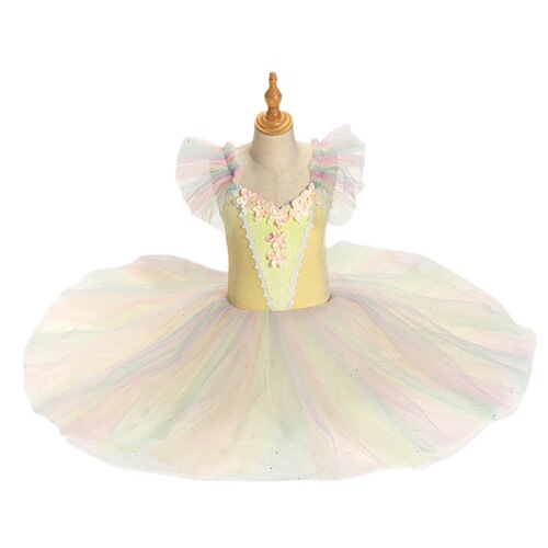 Toddlers kids Rainbow veil yellow ballet dance dresses long tutu skirts leotard ballet performance costumes elegant little swan lake dance skirt