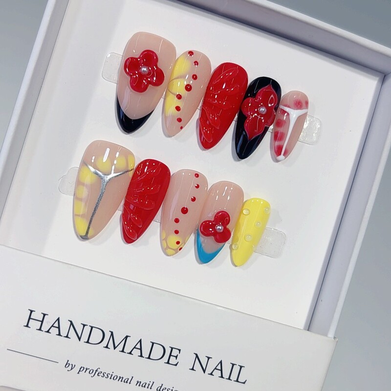 Cross-Border New Style Three-Dimensional Carved Almond Nails, Pure Handmade Wearable Nails, Autumn and Winter Whitening Flame Red Detachable Fake Nails Cross-Border New Style Three-Dimensional Carved Almond Nails, Pure Handmade Wearable Nails, Autumn and Winter Whitening Flame Red Detachable Fake Nails