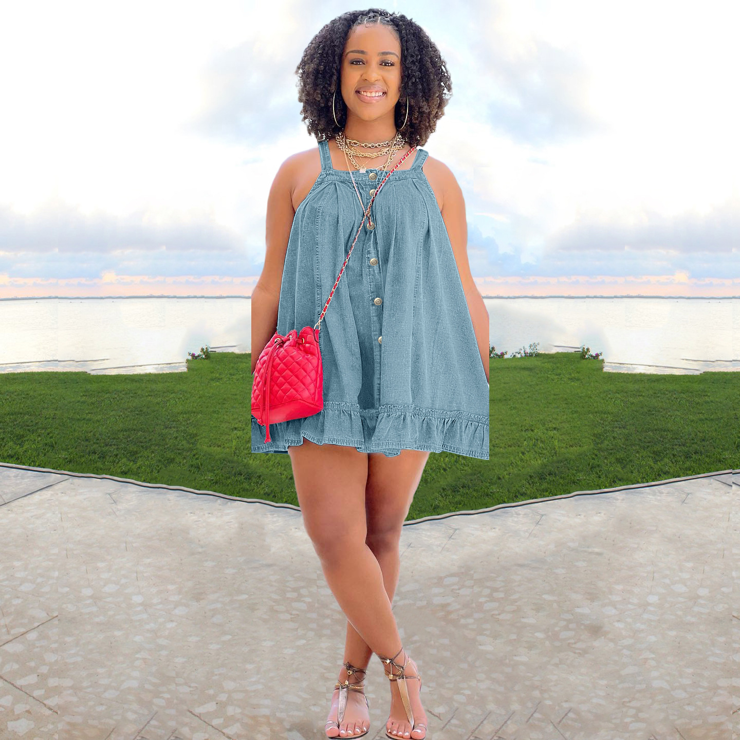 women's clothing Solid color suspenders button pocket loose washed denim dress_mkmklike.com