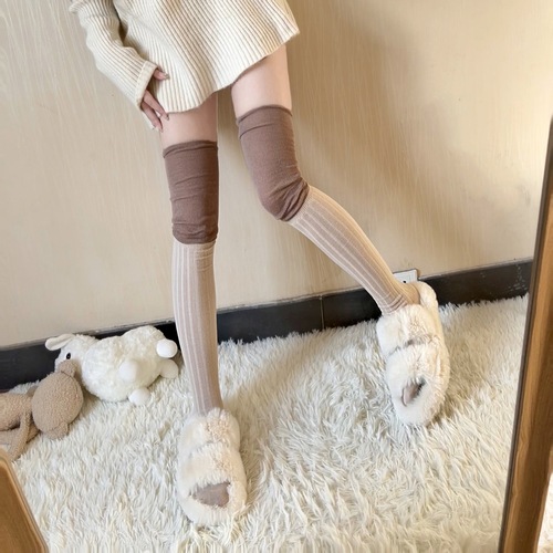 Korean-style white and gray striped long socks for women, beige and khaki color block over-the-knee socks, Japanese-style color-matched tall socks, piled-up socks