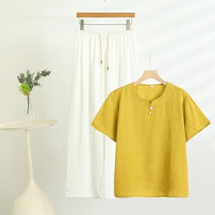 Thin Cotton Silk Short-Sleeved Suit for Women, Summer Mother's Wear, Half-Sleeved T-Shirt, Casual Pants, Large Size Loose Outer Wear Two-Piece Set