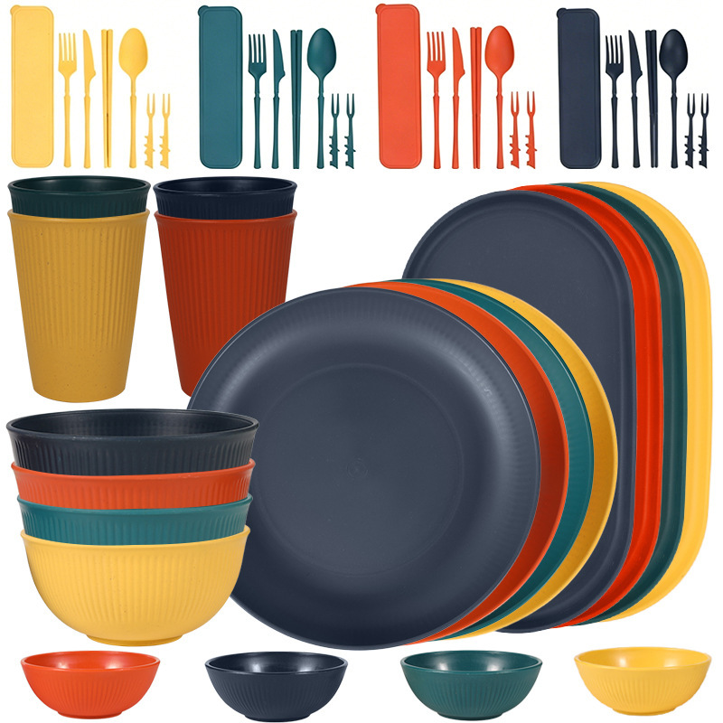 Amazon wheat straw bowl and plate tableware 66-piece set for home use, including oval dinner plates, salad and soup bowls, cups, knives, forks, and spoons Amazon wheat straw bowl and plate tableware 66-piece set for home use, including oval dinner plates, salad and soup bowls, cups, knives, forks, and spoons