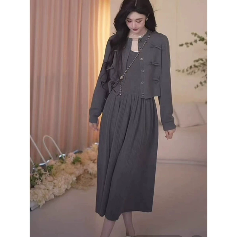 Осенний комплект, вязаное платье, французский стиль, стиль Chanel, стиль высокого качества, яркий цепляющий стиль, западный стиль