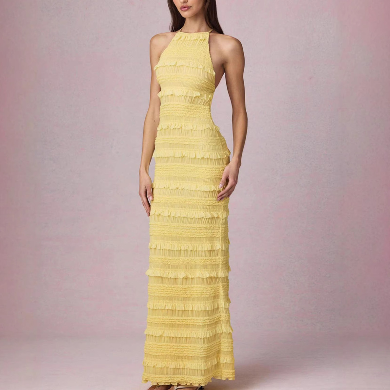 Cross-border 2026 Summer New European and American Lace Backless Halter Neck Tie-Up Ultra-Long Amazon Sexy Ruffle Dress Cross-border 2026 Summer New European and American Lace Backless Halter Neck Tie-Up Ultra-Long Amazon Sexy Ruffle Dress