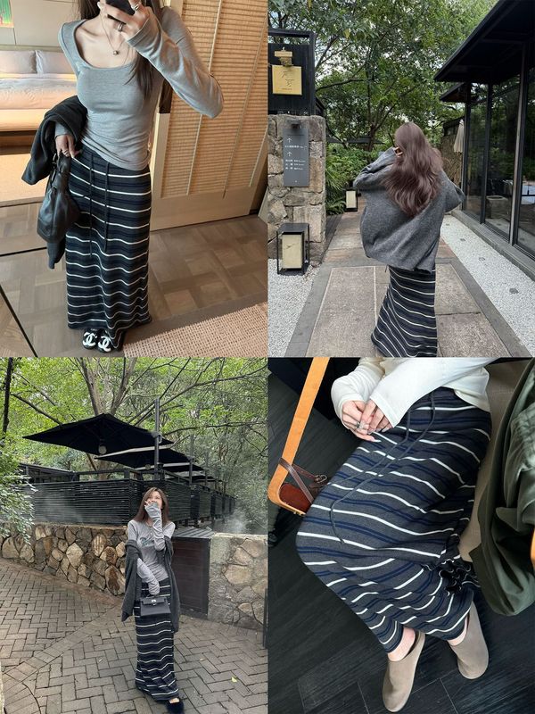3902# superniniyy 撞色条纹裙& 配色显瘦软糯针织裙半身裙长裙|undefined