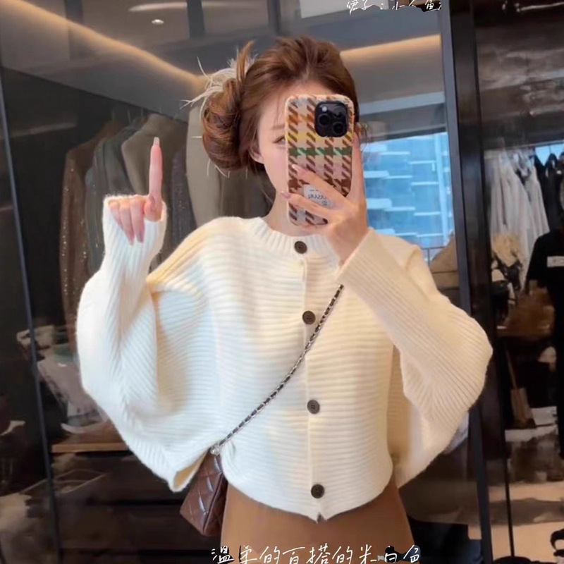 Honghe Knitting Factory Off-White Vertical Ribbed Round Neck Knit Cardigan for Women Batwing Sleeve Short Soft Sweater Coat Honghe Knitting Factory Off-White Vertical Ribbed Round Neck Knit Cardigan for Women Batwing Sleeve Short Soft Sweater Coat
