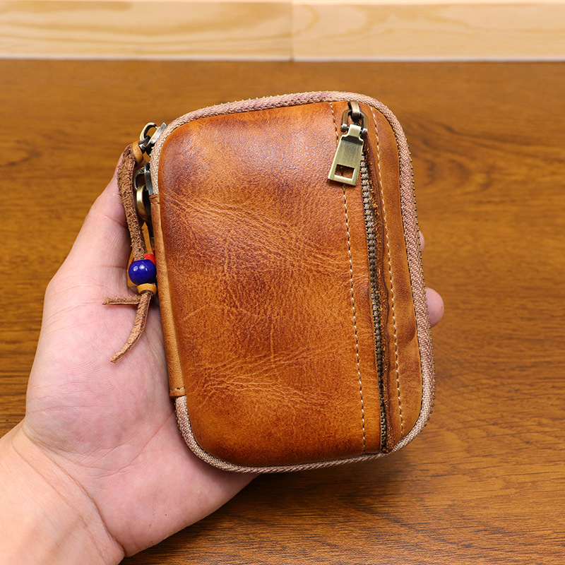 New Vegetable-Tanned Leather Handmade Distressed First-Layer Cowhide Key Bag Unisex Zipper Card Holder Large Capacity Key Bag
