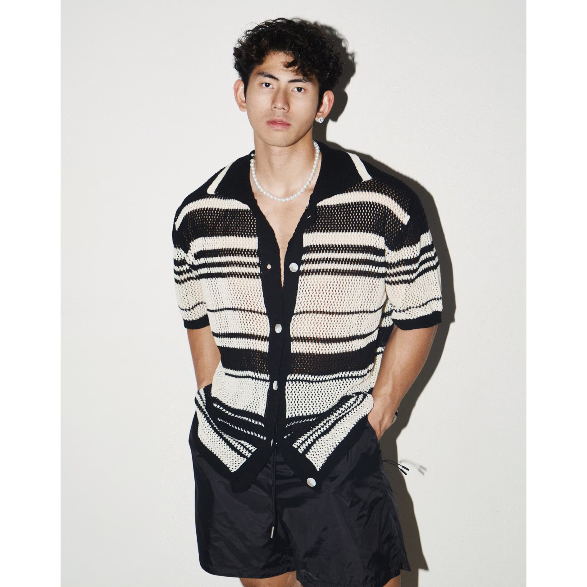 Polo camiseta de manga corta camiseta de punto hombre Cardigan rayas huecas camiseta de negocios británico comercio exterior al por mayor transfronterizo