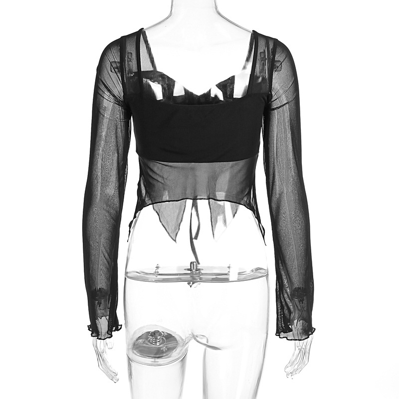 Women Autumn Winter Sexy Cropped Mesh Lace up Drawstring Short Long Sleeve Backless Top