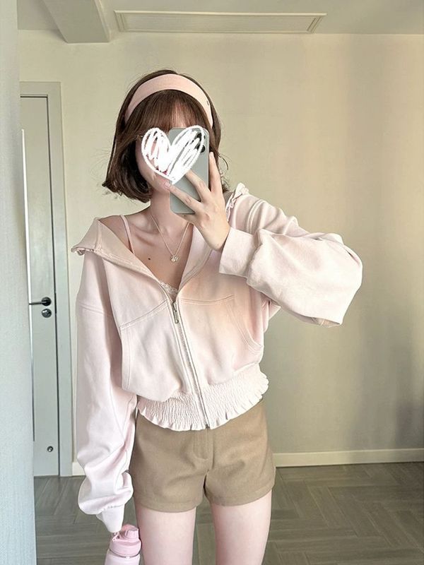 自家工厂粉色拉链连帽卫衣外套女慵懒宽松木耳边花边长袖上衣开衫|undefined