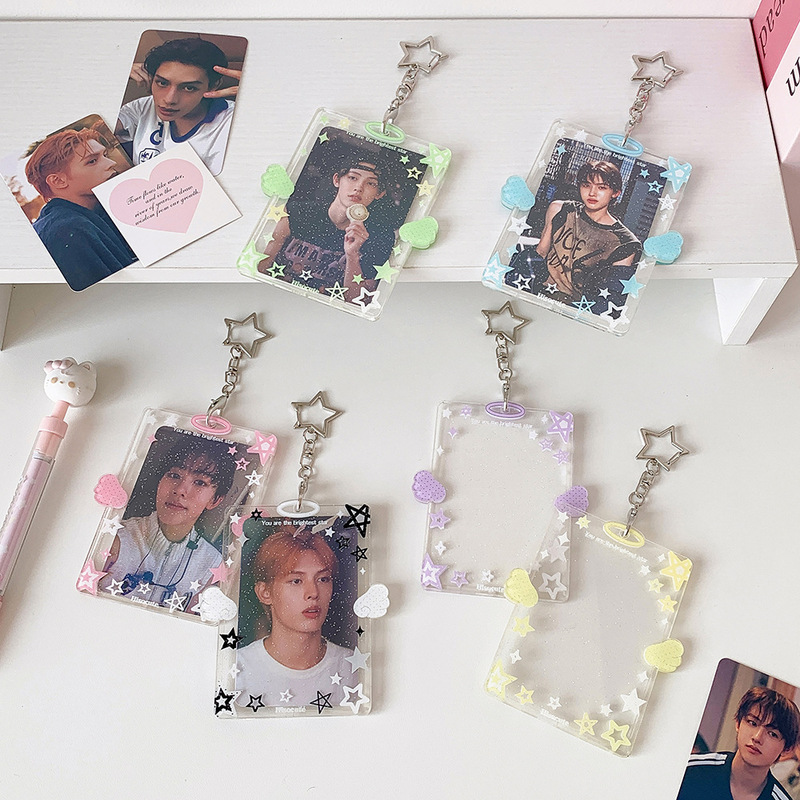 Ins-Style Acrylic Colorful Stars 3inch Transparent Card Holder Polaroid Fan Card Protector Bag Pendant