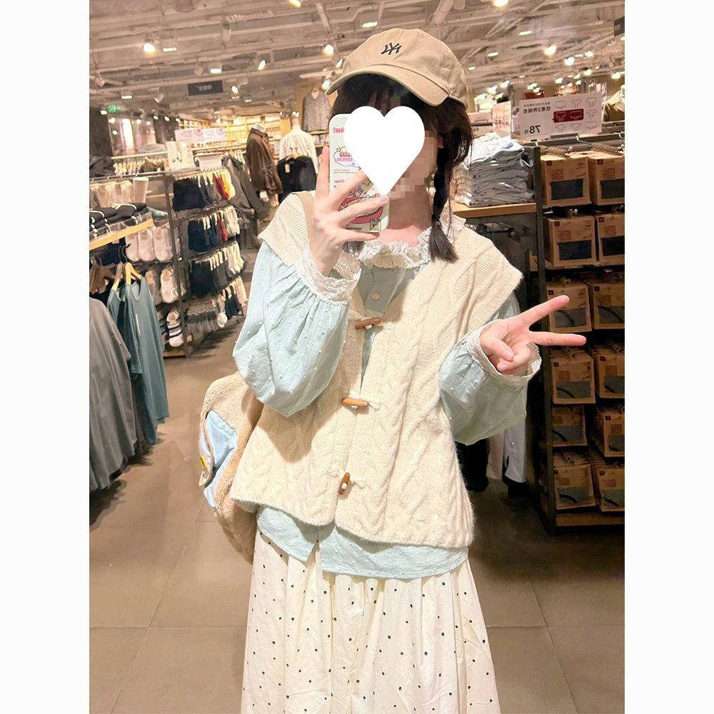 甜系学院风针织开衫马甲衬衫叠穿配半身裙子女早秋穿搭三件套装