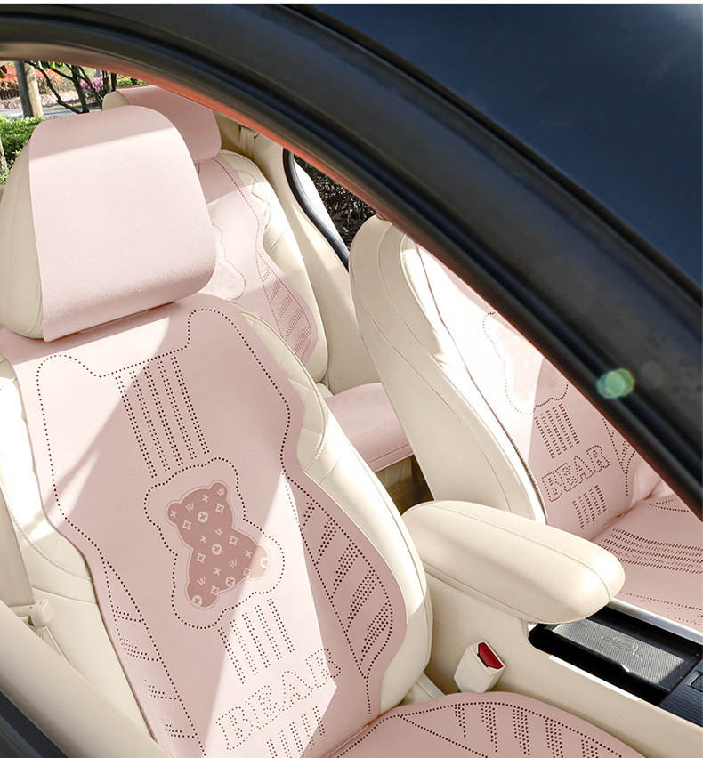 26 Bear-Themed All-Season Car Seat Cushion, Fresh Cartoon Bear Design, Breathable Seat Cover, Women's Cooling Pad, Five-Seater Set