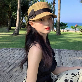 设计师网红蝴蝶结草帽女海边度假夏季气质百搭马术帽女防晒遮阳帽