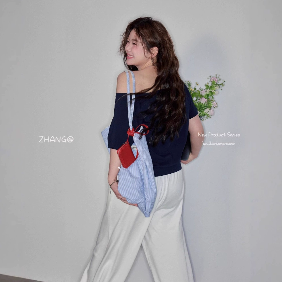 Модные летние наряды OOTD, женская одежда больших размеров для пышных фигур, утягивающий комплект, топ с открытыми плечами в корейском стиле, широкие брюки с высокой талией