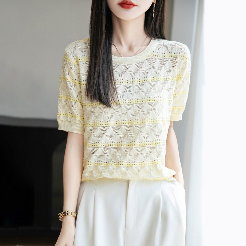 [Directly from the Manufacturer] Summer New Round Neck Tencel Color-Blocked Short-Sleeved T-Shirt Women's Fashionable Cut Out Ice Silk Knitwear