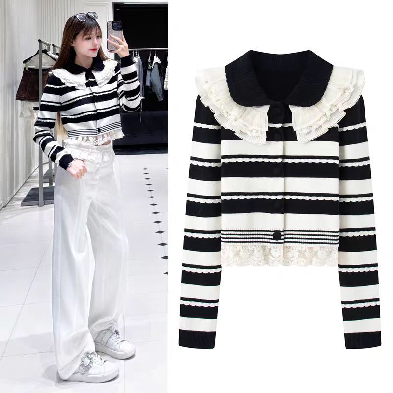 In Stock 2026 Early Spring New Fashion Rococo Trim Black and White Contrast Striped Knit Cardigan In Stock 2026 Early Spring New Fashion Rococo Trim Black and White Contrast Striped Knit Cardigan