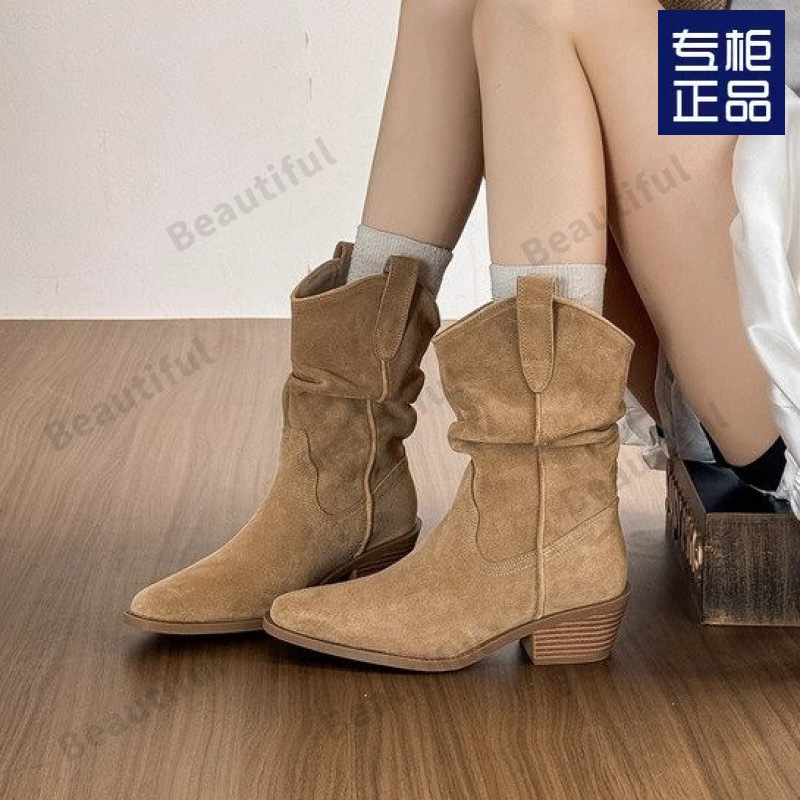 High-Heeled Retro Western Cowboy Boots V-Mouth Boots Women's Shoes 2024 Spring & Fall Single Boots Brown Pointed Toe Short Boots